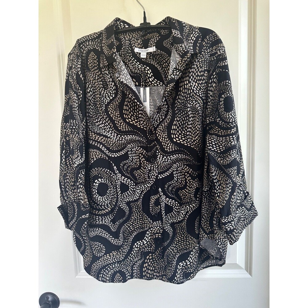 Chico's No-Iron Button-Down Shirt Black Taupe Chico’s 2(Large / US 12) NWT